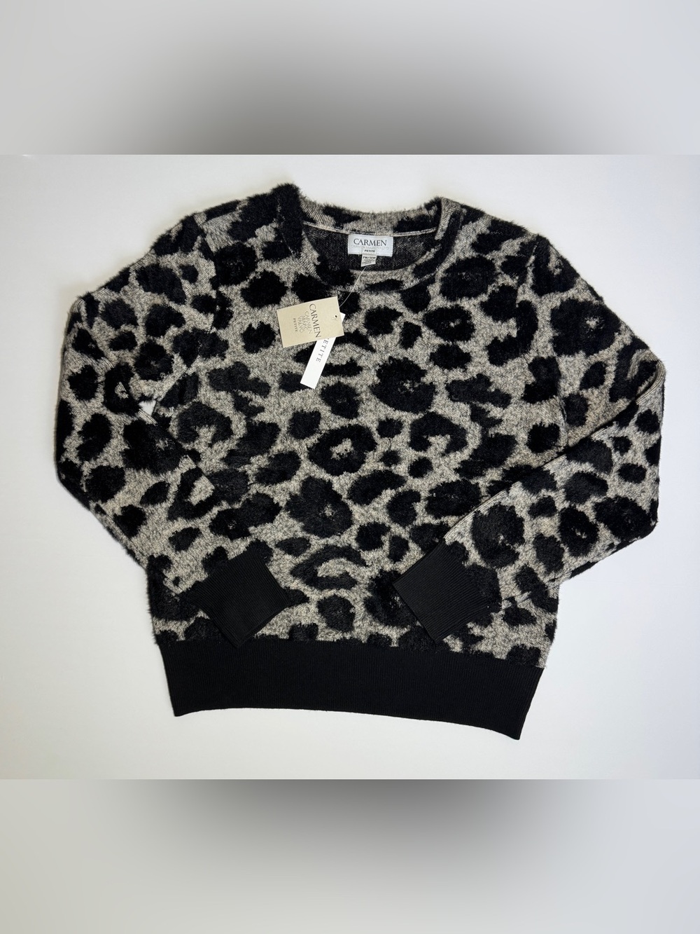Carmen Marc Valvo Black & Gray Leopard-Print Crewneck Sweater